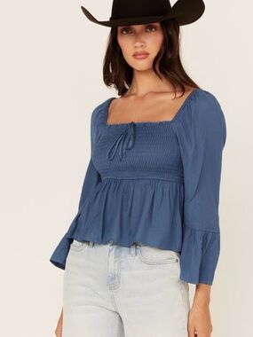 Smocked Square-Neck Peplum Top in Dusty Blue